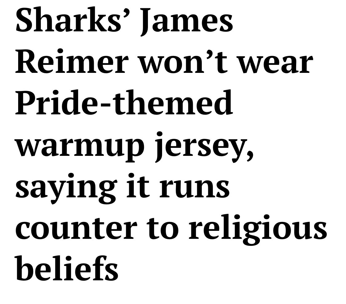 Sharks' Reimer Won't Wear Pride Night Jersey