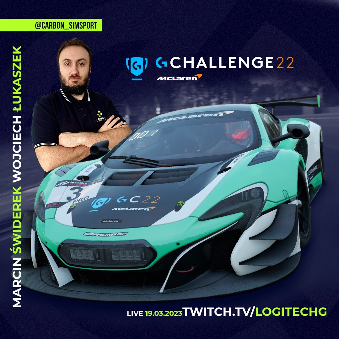 McLaren <a href="/LogitechG/">Logitech G</a> Challenge finals tomorrow! And in them Wojciech Łukaszek and Marcin Świderek will fight for the win against the best drivers in the world in the McLarens 😎 Watch on twitch.tv/logitechg and cheer for Carbon drivers 💪

 #SimPL #esports #simracing #beACC