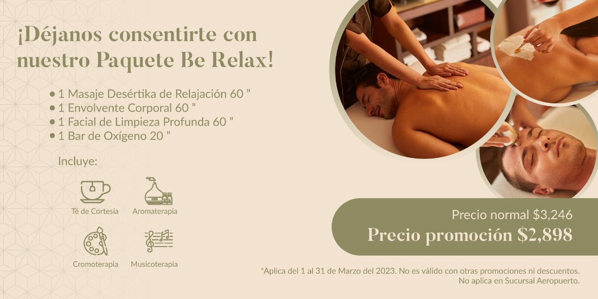 desertikaspa's tweet photo. ¡Mereces un día de relajación de pies a cabeza!
 
Todo este mes disfruta de nuestro Paquete Be Relax, y empieza con el pie izquierdo está primavera.
 
Agenda tu cita hoy 👉 https://t.co/CIURLNIjGT

#Desertikaspa #spa #bienestar #spacdmx #relax #masajes https://t.co/rOA4IhvAA1