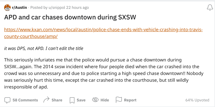 _TeddyBrosevelt's tweet photo. If an Austin Police officer rescued 95% of Austin Reddit from a burning, wrecked vehicle before it exploded 

Within hours they would be posting on r/Austin that the asshole cop squeezed their hand too hard while pulling them through the window and saving their lives https://t.co/UninveoAqC