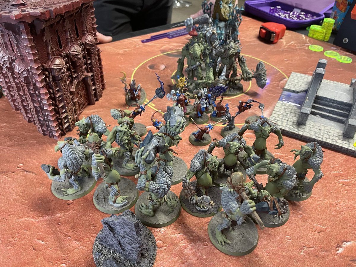 WAAAGHdogg15's tweet photo. Game 3 was a humbling loss to clubmate @Seantherod and his troggs. Dice abandoned me and Sean took full advantage. I was ahead until the end of turn 3 but only had 1 model left and Sean then won priority π« #AGOM23 https://t.co/JjvuORr99m