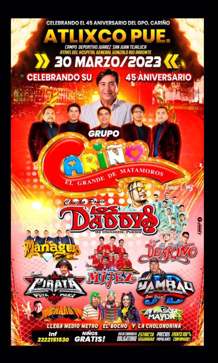 “Grupo Cariño de Tomás Cruz” festeja 45 años de carrera, y tendrán un evento de aniversario en #Atlixco, el jueves 30 de marzo en el Campo Deportivo Juárez San Juan Tejaluca, (atrás del Hospital General Gonzalo Río Arronte”, informes : 22 2215-1530
#PrensaLinares