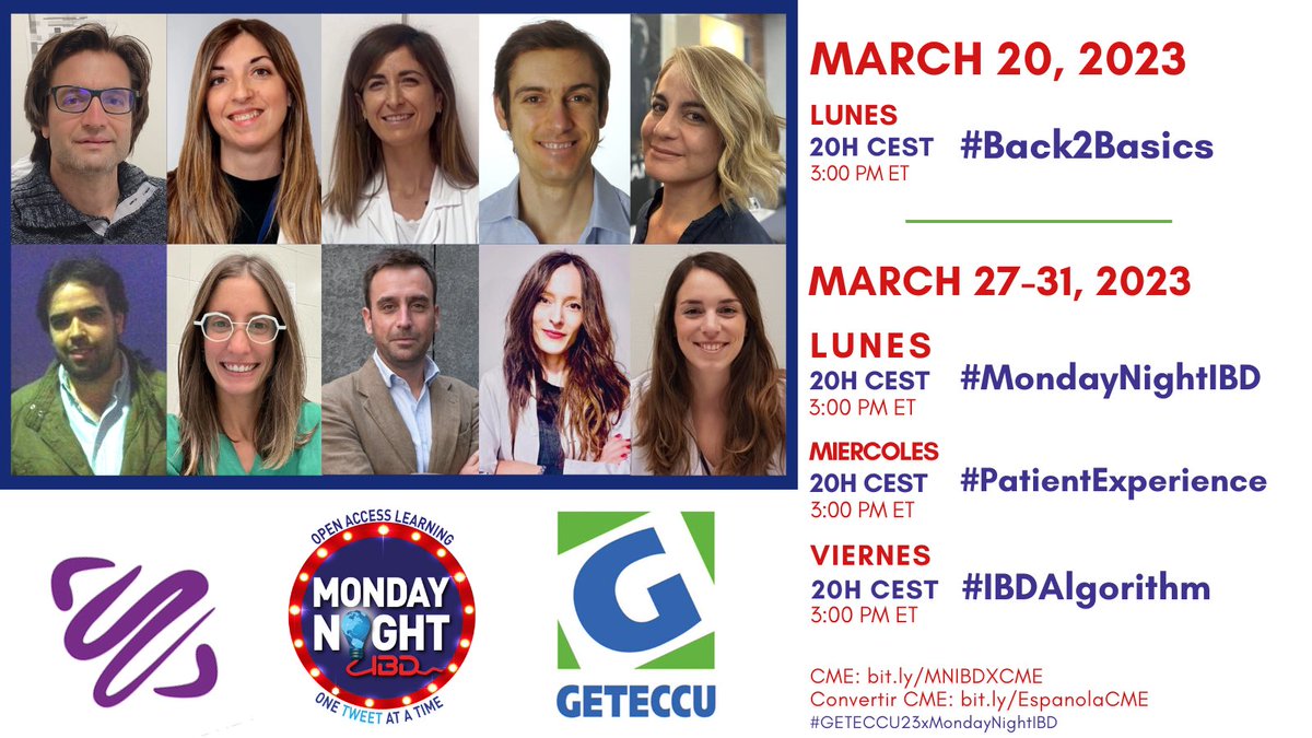 MondayNightIBD's tweet image. 🇪🇸¡Estamos emocionados de colaborar nuevamente con @geteccu!
🎯 Manejo postoperatorio de la enfermedad de Crohn
🗓️#Back2Basics Lunes, 20 Marzo
🗓️Caso Clinico Lunes, 27 Marzo
🗓️#PatientExperience @ACCU_Espana Miercoles 29 Marzo
🗓️#IBDAlgorithm Viernes 31 Marzo
#MedEdTogether