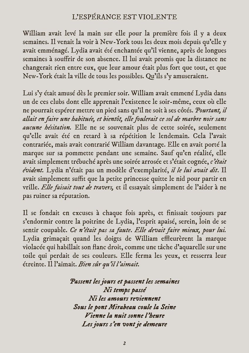 ⠀ 

𝟐𝟎𝟏𝟓 — 𝐍𝐞𝐰-𝐘𝐨𝐫𝐤.
et mon secret m'est cher, 
et chère ma 𝐬𝐨𝐮𝐟𝐟𝐫𝐚𝐧𝐜𝐞 ; 
et j'ai fait le serment d'aimer 
sans 𝒆𝒔𝒑𝒆́𝒓𝒂𝒏𝒄𝒆.

                ( tw : relation sous emprise, 
              violences conjugales, drogue ) 

⠀