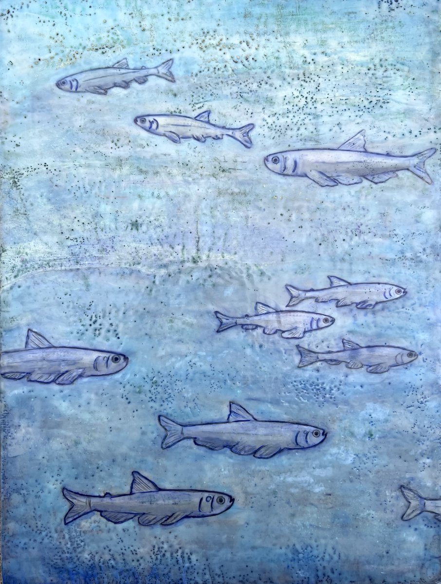 hildiebird's tweet photo. "Longfin smelt: Vertical Migration"  #midjourney pieces based on my physical analog encaustic wax painting (last image).  MJ did some beautiful things with my initial concept; and gave me ideas for more analog art. #longfinsmelt #deltafish #verticalmigration #fishhabitat #fishart https://t.co/rAegKqQx7k
