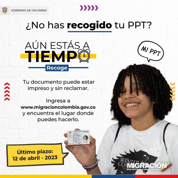 MigracionCol's tweet photo. ¿No has recogido tu PPT?
Aún estás a tiempo 
Tu documento puede estar  impreso y sin reclamar.
Ingresa a https://t.co/qNZxh5VLyL y encuentra el lugar donde puedes hacerlo.
Último plazo: 12 de abril - 2023 https://t.co/r6PqocfDOB
