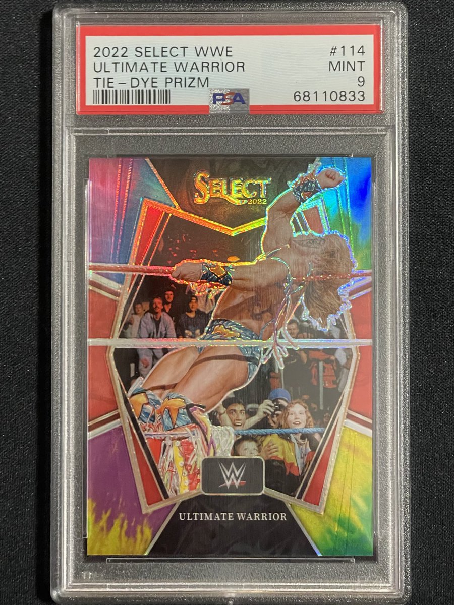disneyworldtuna's tweet photo. The Ultimate Warrior! Ultimate Warrior 2022 Panini Select Premier Level Tie-Dye Prizm Parallel #08/25 PSA 9 Mint! #WWE #UltimateWarrior #PSA #PSA9 #Panini #PaniniSelect #SelectWWE #MasterSet @card_guide @Chris_brancato https://t.co/7TEDa8UAWL