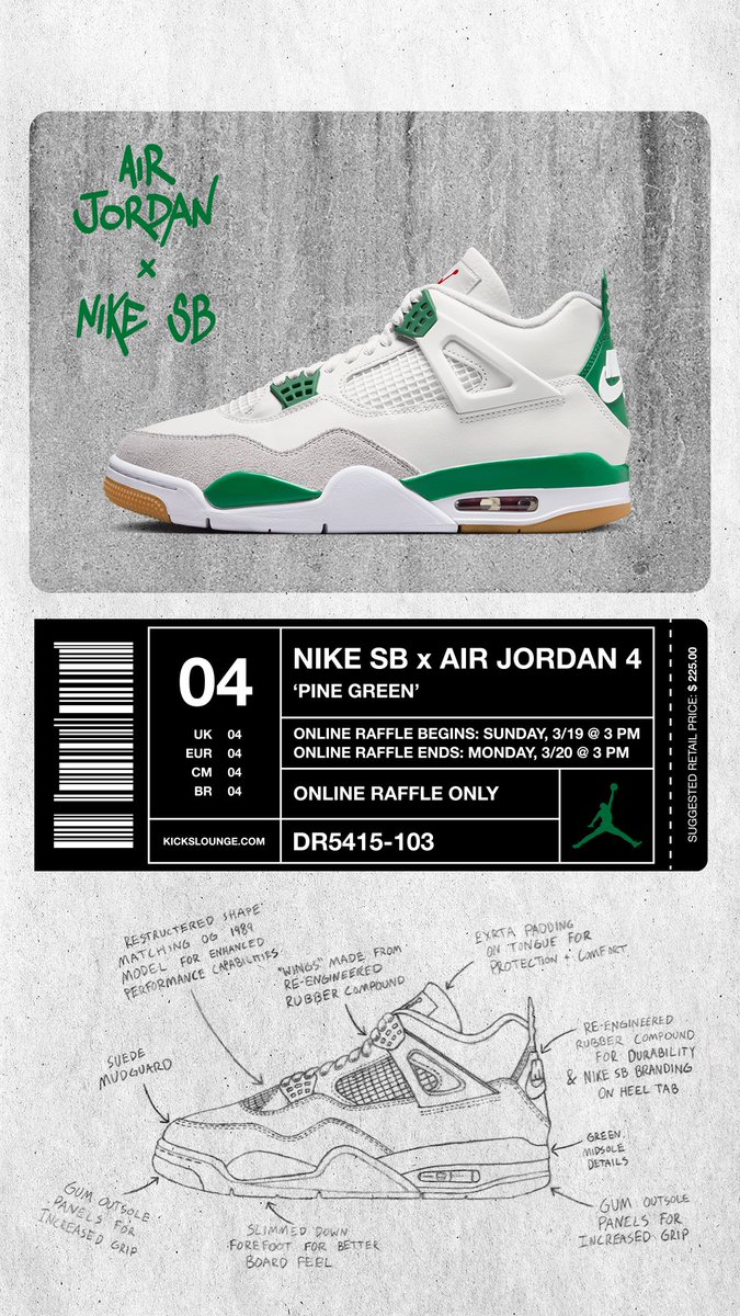 kickslounge's tweet photo. Release details for the Air Jordan 4 X Nike SB ‘Pine Green’: https://t.co/5oNPQqSZNA