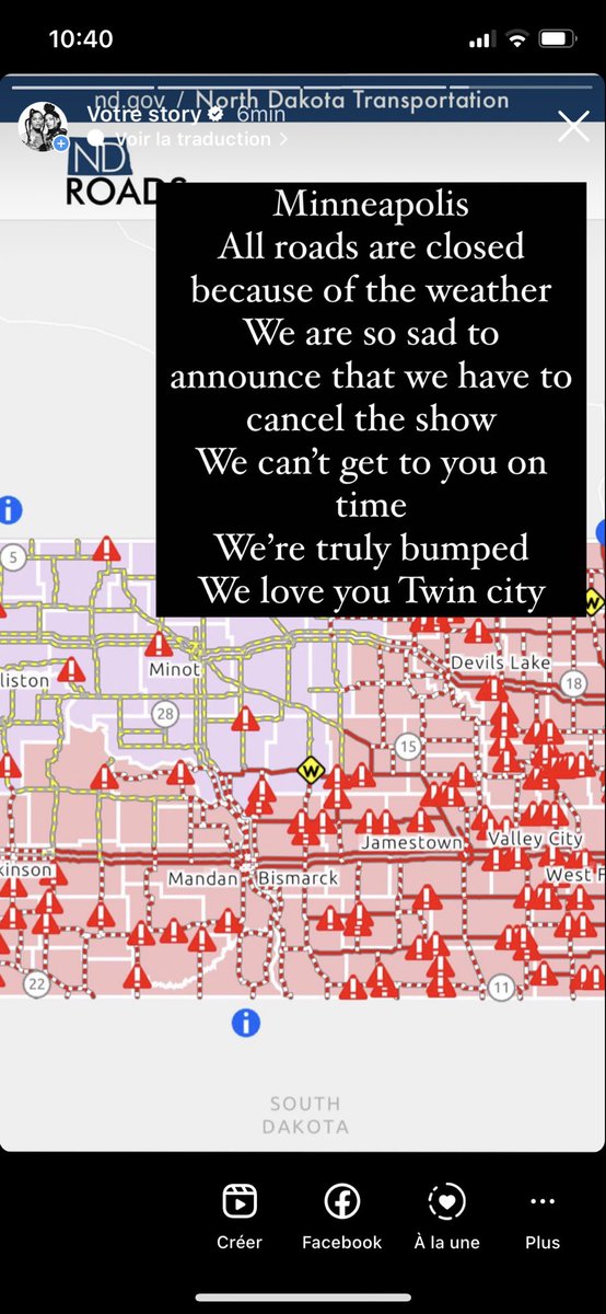 Minneapolis
All roads are closed
because of the weather
We are so sad to
announce that we have to
cancel the show
We can't get to you on
time
We're truly bumped
We love vou Twin city ❤️
