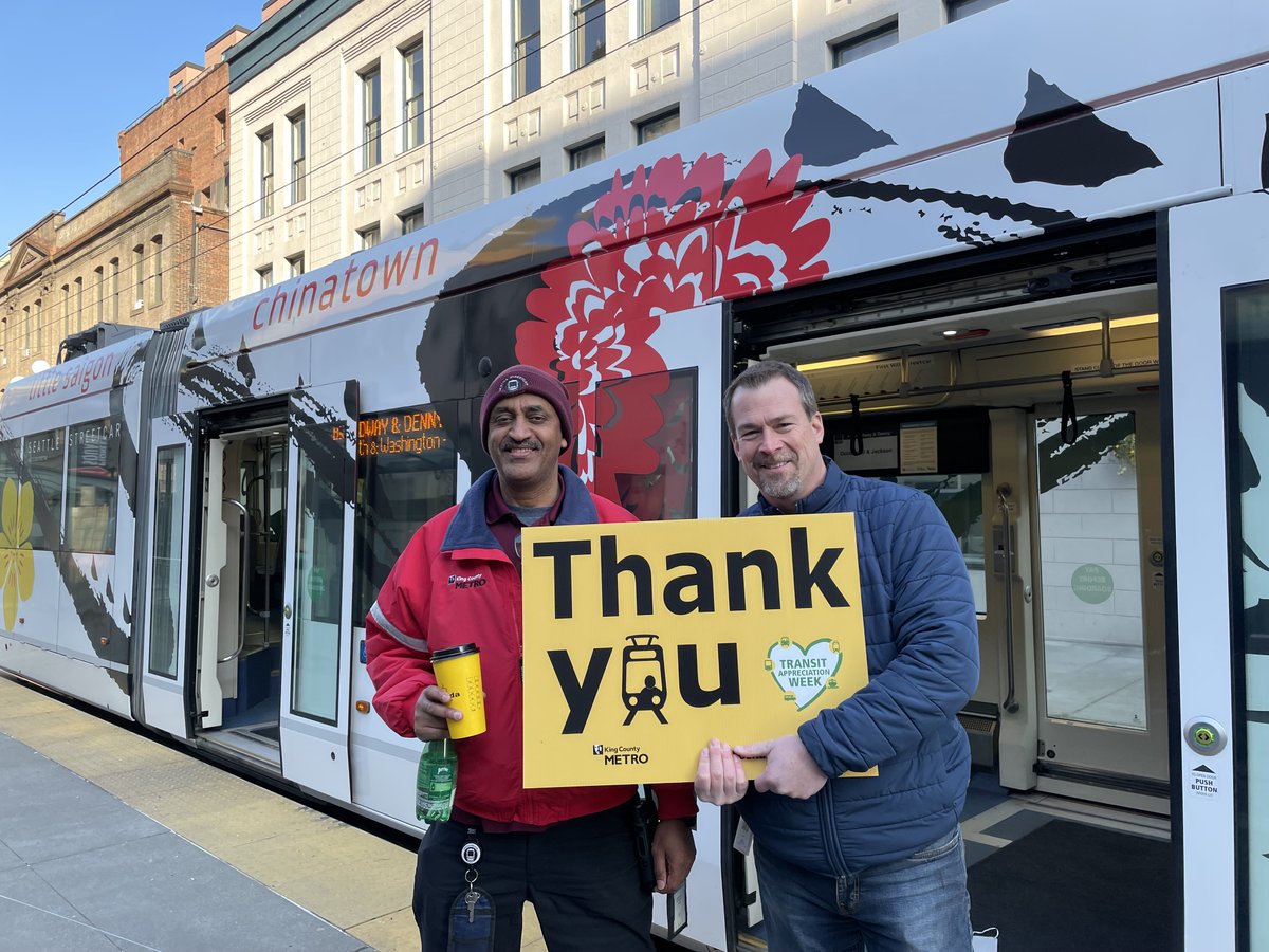 KingCountyMetro's tweet photo. Our community is stronger thanks to the public transportation network that serves people every single day. Thank you on Transit Operator Appreciation Day to Metro employees who operate @SoundTransit Link 1 Line and @SeattleDOT streetcar! #ThanksMetro https://t.co/nQnpprW7zg