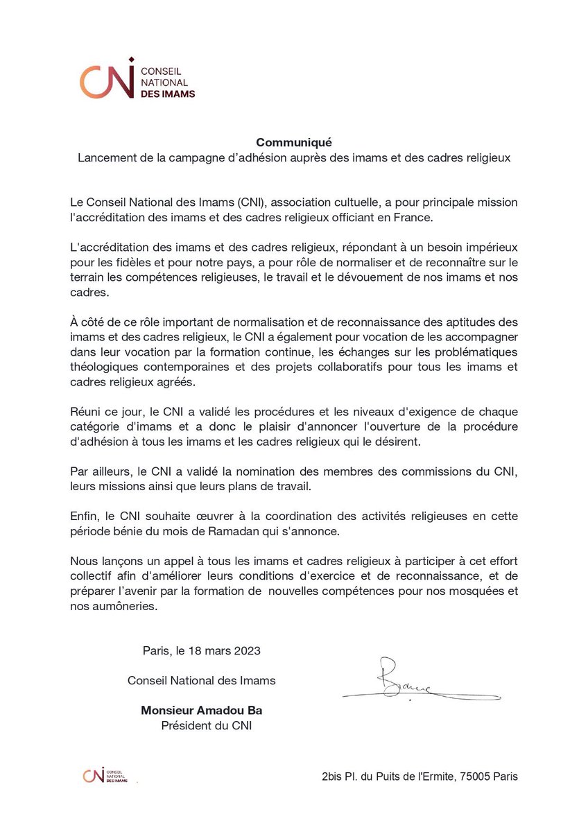 CniImams's tweet photo. Communiqué -

Le Conseil National des Imams #CNI s’est réuni aujourd’hui à la Grande Mosquée de Paris. 

Après plusieurs mois de travail, le  @CniImams est heureux d’annoncer le lancement de la campagne d'adhésion auprès des imams et des cadres religieux. https://t.co/YIOKBKmcrV