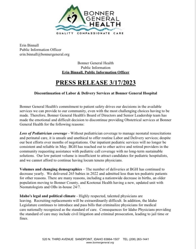 girlsreallyrule's tweet photo. A hospital in northern Idaho intends to stop offering pregnancy care altogether because the laws have criminalized abortion care and physicians are being forced to leave the state. https://t.co/S1pkyvsTTB