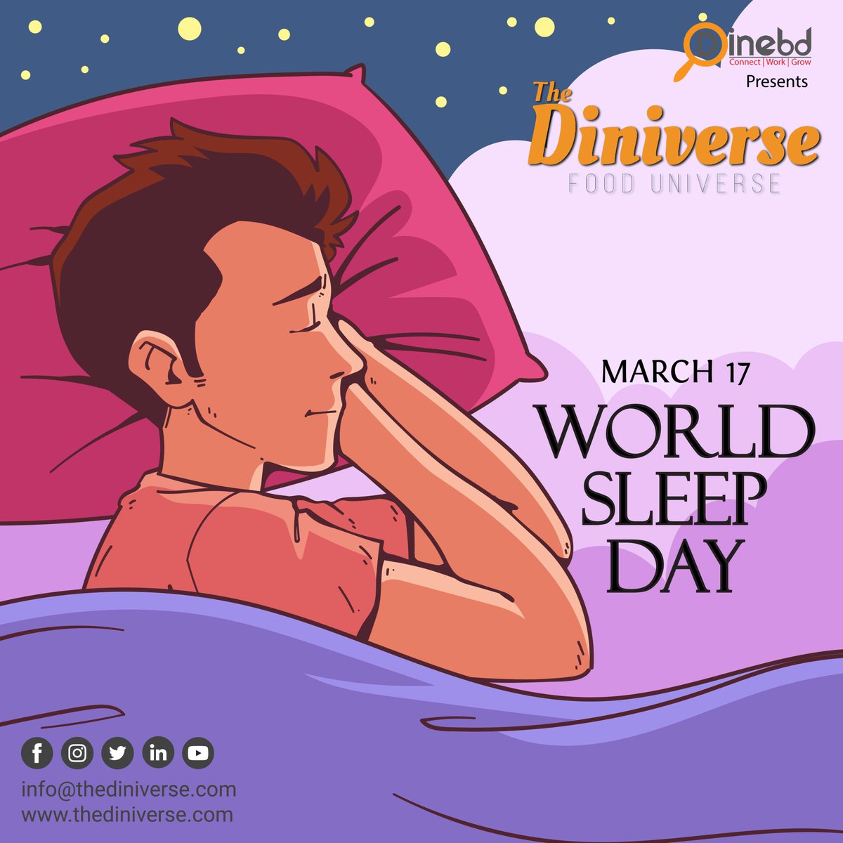 The_Diniverse's tweet image. World Sleep Day is designed to raise awareness of sleep as a human privilege that is often compromised by the habits of modern life.

The theme for this World Sleep Day is Sleep is Essential for Health. 

#WorldSleepDay #dinebd #thediniverse #emagazine #fooduniverse #foodmagazine