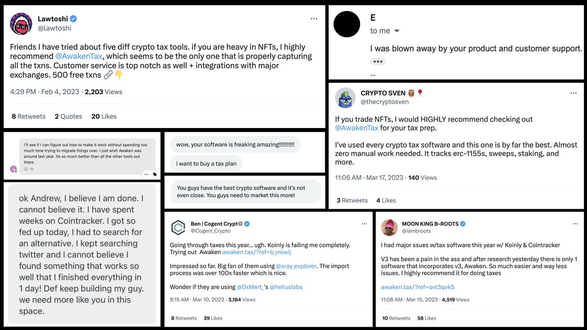 AwakenTax's tweet photo. The positive feedback we're getting is INSANE. Thank you to our users that are helping us build the best crypto tax software ever 💪

The biggest obstacle we're facing right now is that people just don't know about us. If you liked using Awaken, please share us with your friends so that we can solve this problem for the web3 community. 🙏

Thanks everyone.