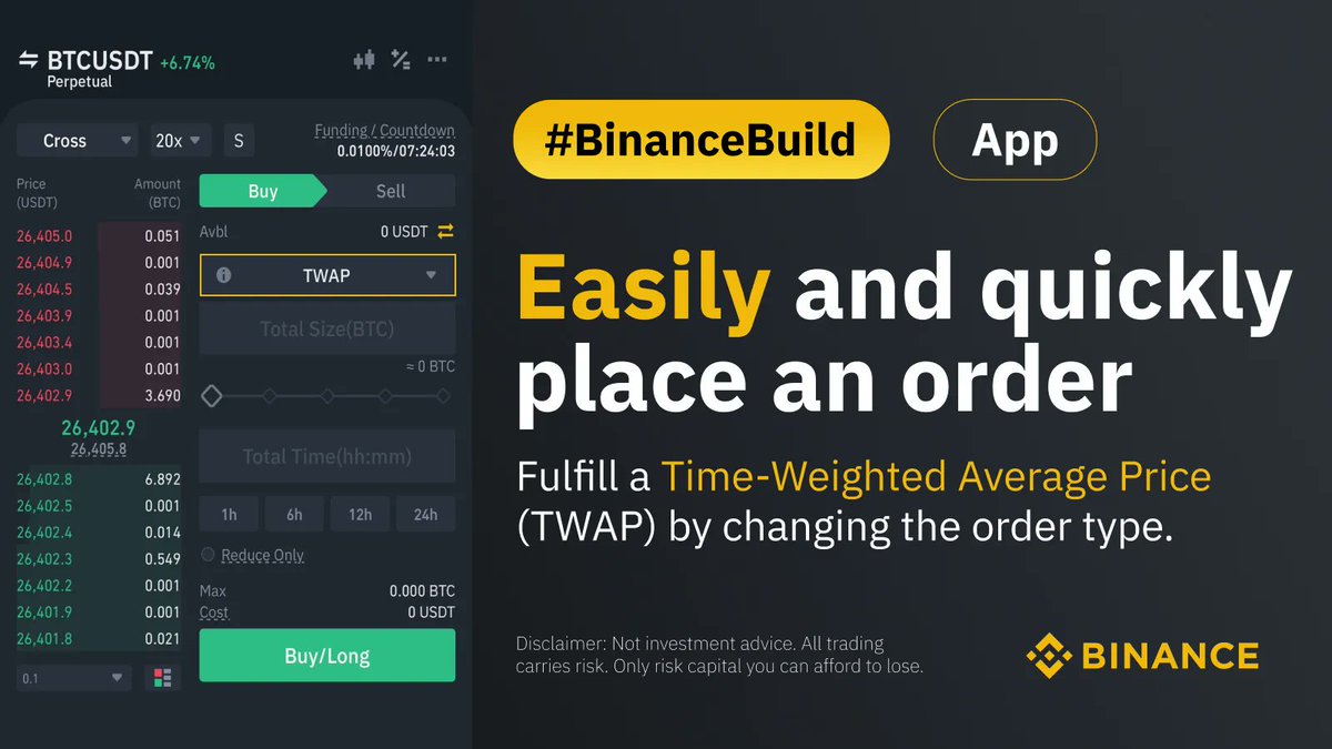 binance's tweet image. Locate the TWAP order-type with ease on #Binance.

You can now choose it directly from the Futures trading page.

Creating better trading experiences with #BinanceBuild.