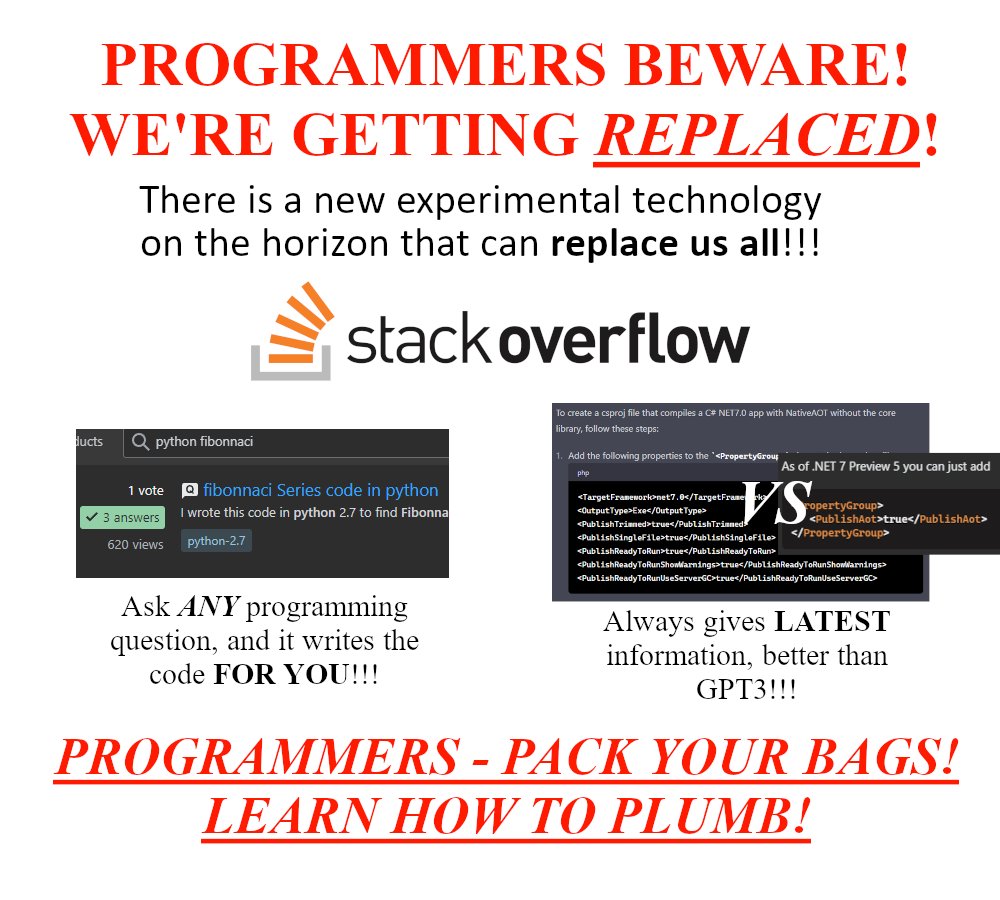 PR0GRAMMERHUM0R's tweet image. PROGRAMMER DOOMSDAY INCOMING! NEW TECHNOLOGY CAPABLE OF WRITING CODE SNIPPETS APPEARED!!! reddit.com/r/programmerhu…
