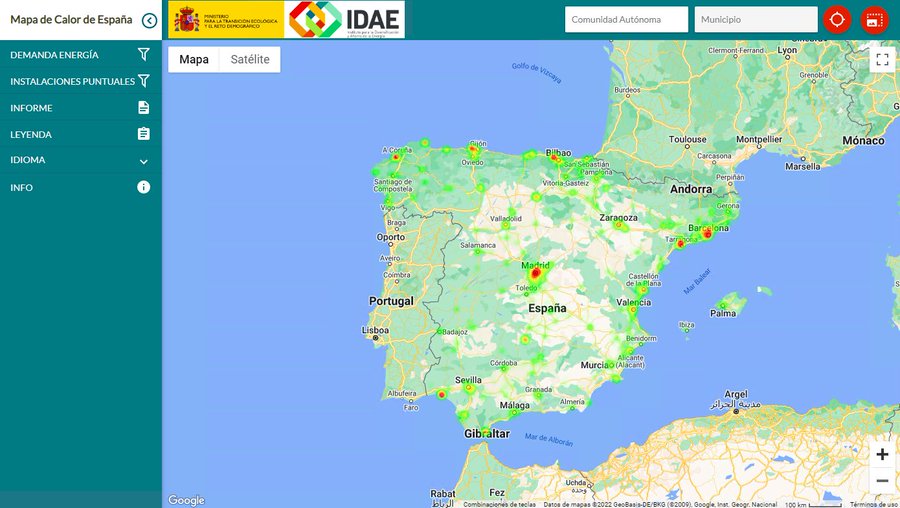 IDAEenergia's tweet photo. 🗺️🔥 #IDAE ha publicado el mapa de calor de España 🇪🇸 para impulsar la calefacción y la refrigeración eficientes.
 
📱 Utiliza la plataforma Google Maps.

Accede aquí ➡️ https://t.co/UR3VEdu9Ye https://t.co/0jbSOpluwj