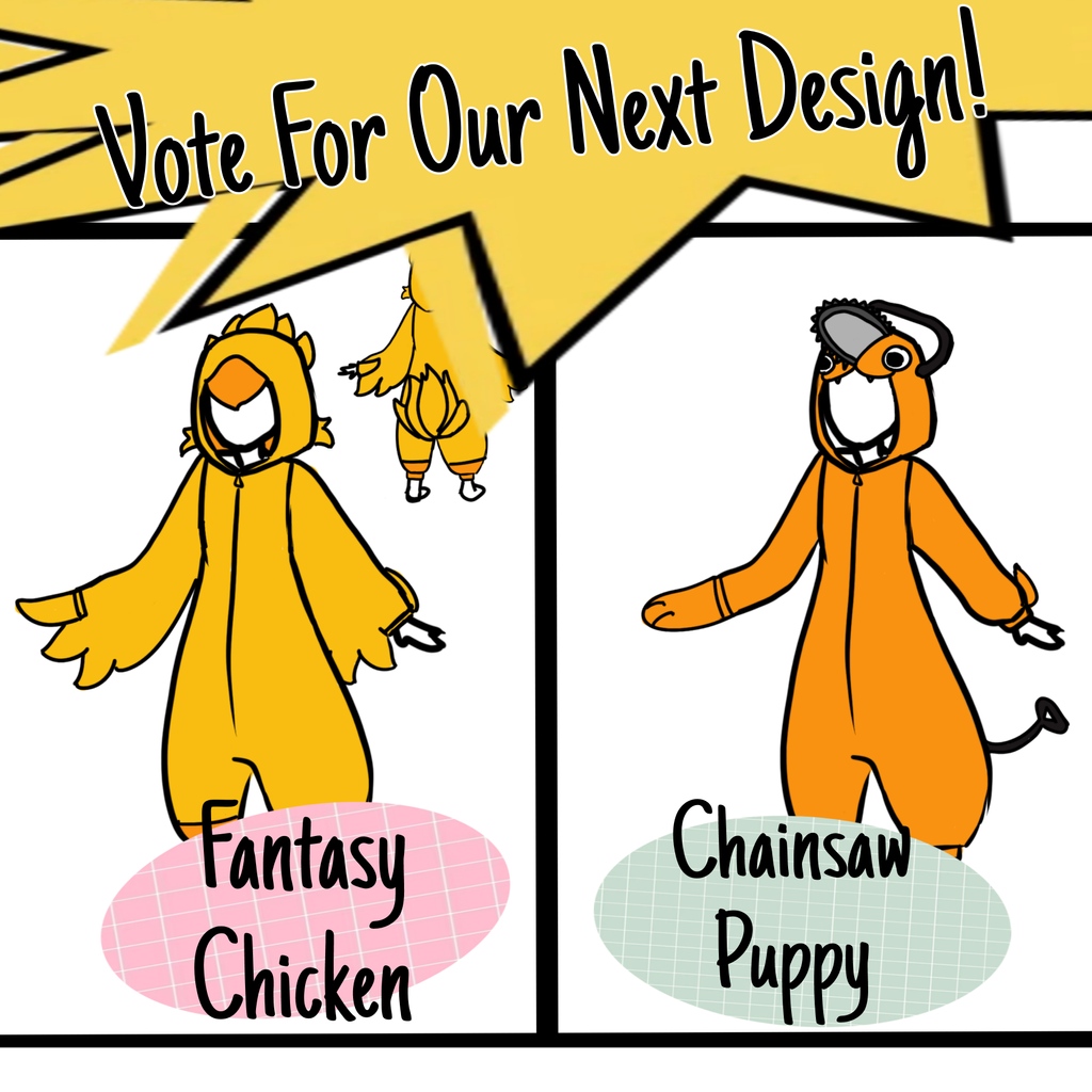 LET'S PUT IT TO A VOTE! 
By the end of the weekend we'll have a winner and new design to post to the shop. It's a tale as old as time. so I gotta know: 
Fantasy Chicken or Chainsaw Puppy?
1 comment = 1 vote
#FinalFantasy #ChainsawMan #Chocobo #Pochita #chocobokigu #pochitakigu