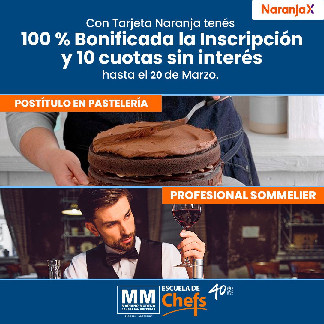 #EscuelaDeChefs

🧡 100% de bonificación en la matrícula más 10 cuotas sin interés utilizando Tarjeta Naranja.
Exclusivo para los cursos de Postítulo en Pastelería y Profesional Sommelier.
💯 Tenés hasta el 20 de marzo.

📲 Info 👉 buff.ly/2Yzso1B