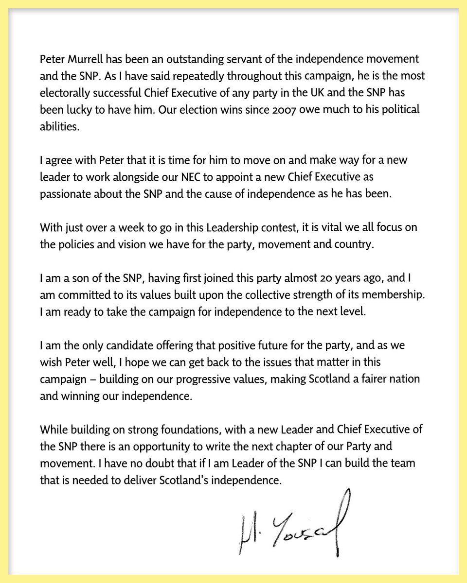 Thank you Peter for the extraordinary service you've given our party.

With a new Leader & Chief Exec of @theSNP there's an opportunity to write the next chapter of our party & movement. If I am Leader of SNP I will build the team that's needed to deliver Scotland's independence.