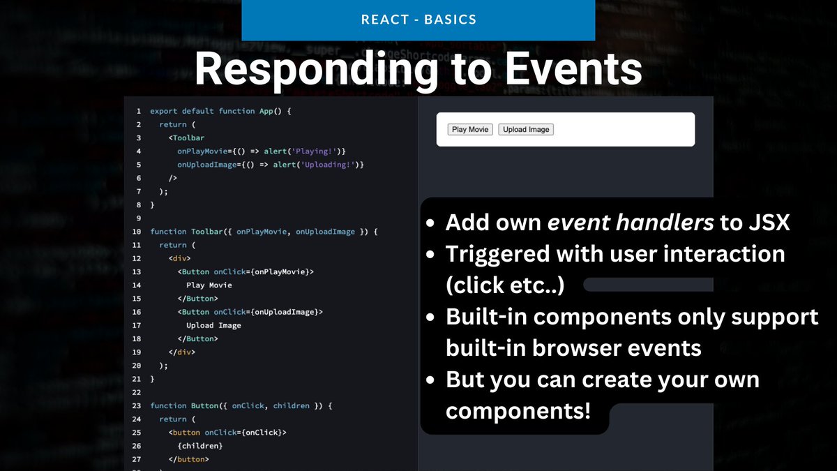 ToDestiny_'s tweet image. React Basics Day 11 -
Responding to Events
What tips do you want to see covered? Answer in the comments below 👇
Follow and like ❤️ to receive more tips on React and Web3!
#ReactJS #web3 #reactbasics #day11 #respondingtoevents #react
