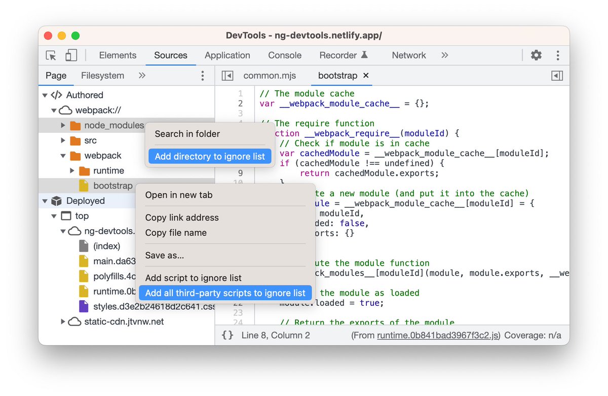 Tip: You can now ignore third-party code (node_modules, any libraries) in <a href="/ChromeDevTools/">Chrome DevTools</a> more easily for a cleaner debugging experience.

Sources > Page > right-click any script or folder and select an ignore option. They won’t show in the call stack.

developer.chrome.com/blog/new-in-de…