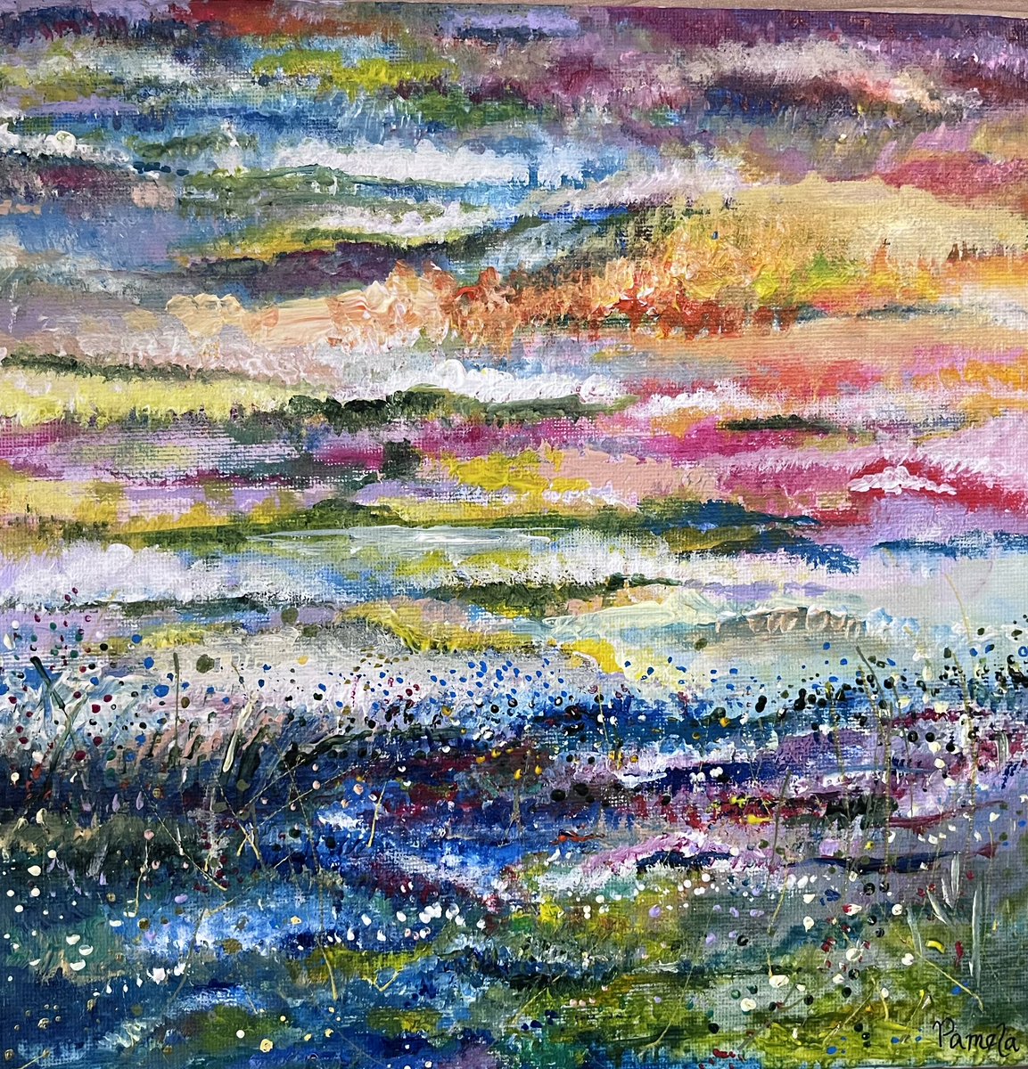PamWeeden's tweet photo. ‘Sunset Over the Marshes’. Abstract landscape. Nice way to spend a Saturday. #acryliconcanvas #landscapepainting #Colour #acrylicpainting #sunsets #ArtistOnTwitter https://t.co/IvO5lUwt50