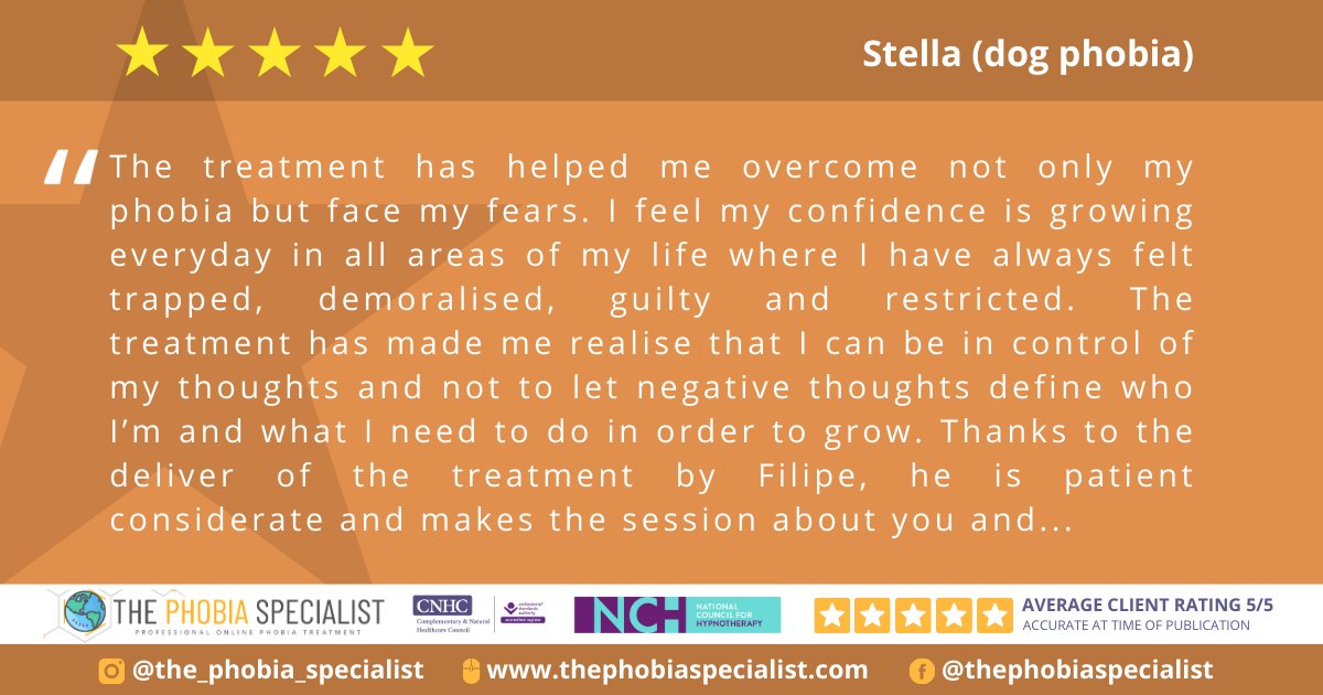 PhobiaTherapy's tweet photo. A great review from a recent client of mine who overcame her fear of dogs! For the full review, visit https://t.co/gIJUqQLyGG.

#phobiatreatment #phobias #fearofdogs #cynophobia #dogphobia #thephobiaspecialist #hypnotherapy #hypnosis https://t.co/9QggAXwEGn