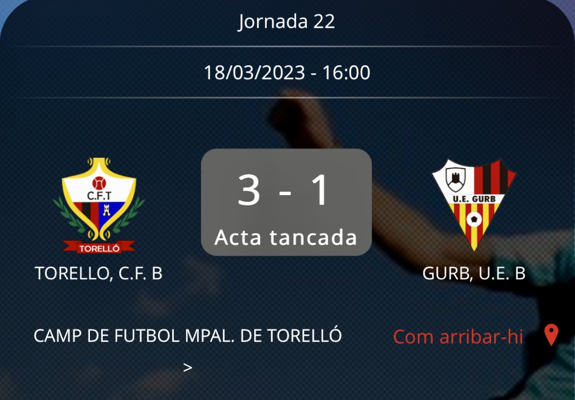 cftorello's tweet photo. Final al municipal Torellonenc
#4Cat3 @cftorello B 3 🆚 @UEGurb1973 1
⚽️ Solà ⚽️ Torrents ⚽️ Oleguer
Tres punts més al sac. #SeguimEquip #SomelTorello #OrgullPescallunes🔴⚫️ https://t.co/cIbqC6hC53