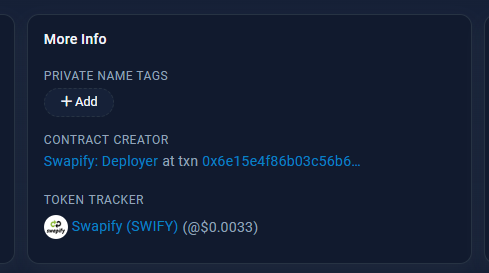 SwapifySwap's tweet photo. $SWIFY Token info and Deployer tag is now live and updated on https://t.co/ceapab1C86! https://t.co/jtKsRUEoZ5