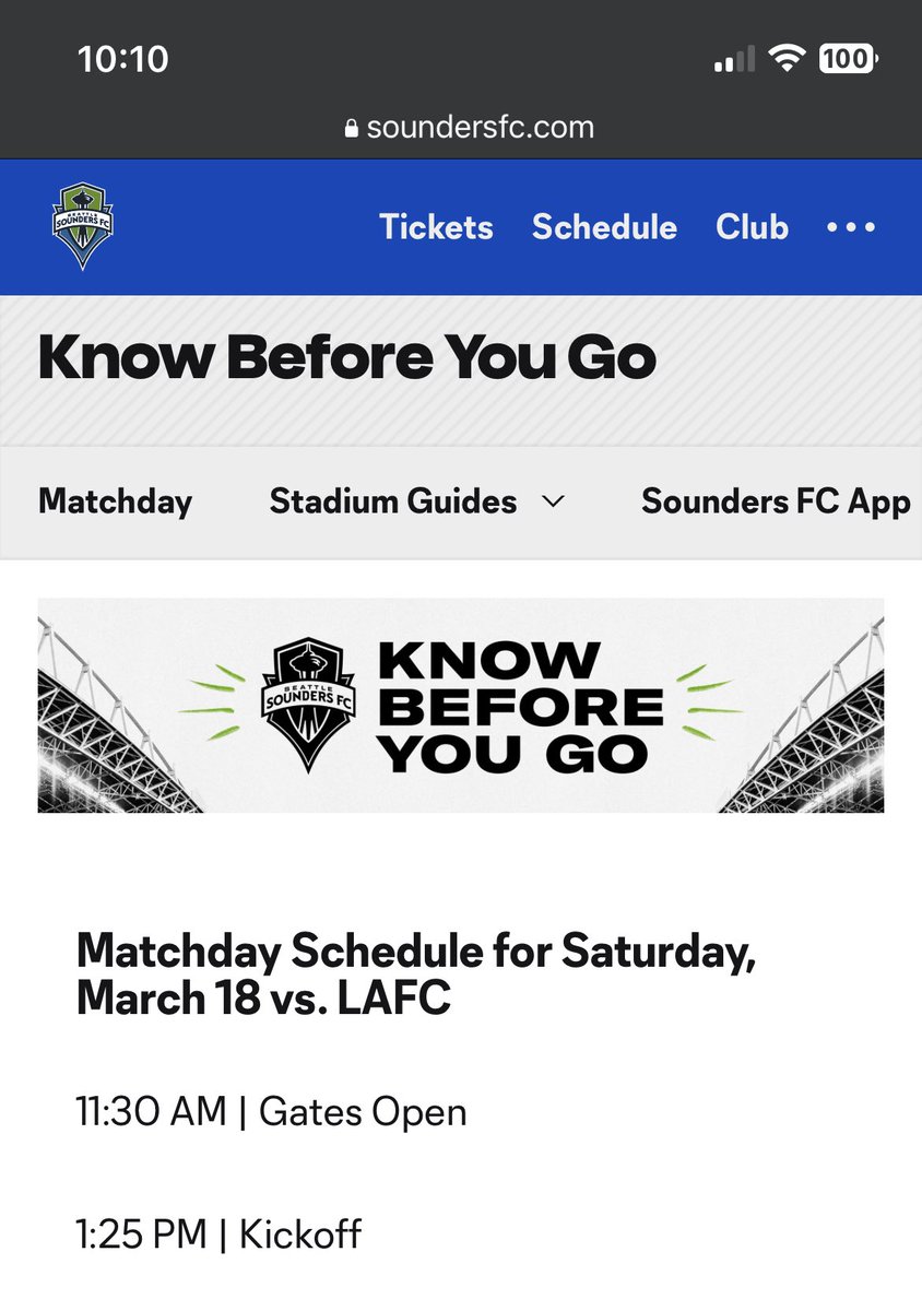 dlnbk's tweet photo. @MLSKickoffTimes LAFC @ SEA showing kick-off at 1:25pm PDT, according to @SoundersFC email this morning https://t.co/xaGPIO4r70