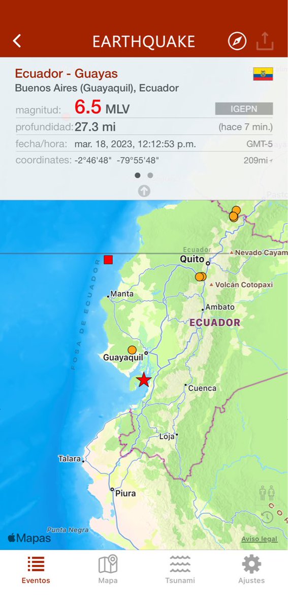 hace 7 min. #terremoto 6.5 en Buenos Aires (Guayaquil), Ecuador, 27.3mi, 12:12 p.m. GMT-5 (IGEPN) earthquake.app/m/?e_id=igepn.…