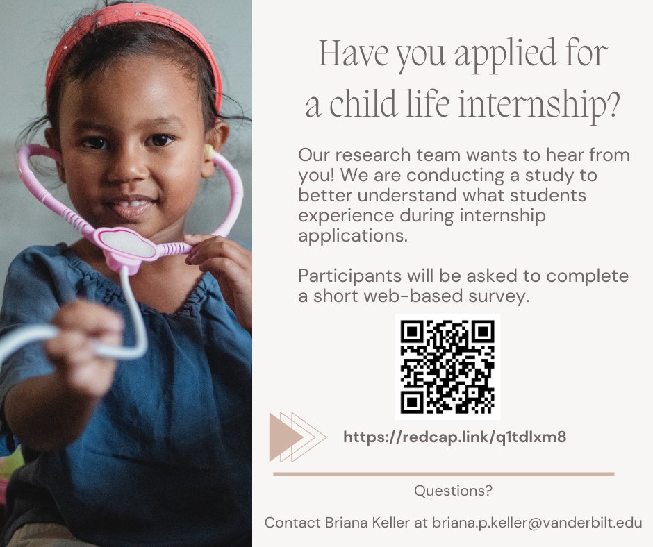 Did you apply for #childlifespecialist internships in Spring of 2023? If so, please fill out a 10 min survey to help us identify student outcomes and barriers - both those who did and did not secure internships are needed! Please share with anyone who might like to participate.