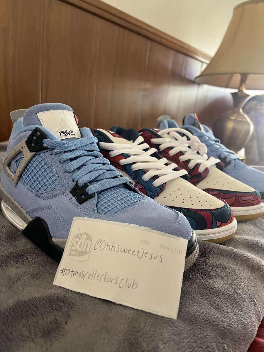 ohhsweetjesus's tweet photo. @atmos_usa US 10.5 Mens 
#atmosweb #atmoscollectorsclub 
Let’s hit a double bingo in 4 photos!! 💥 
A1/C1: Any Jordan 4 UNC and Any Nike SB Parra Dunk
B2/C2: Fav J3 Reimagined and J4 collab A Ma Maniere 4 Collab
C3: Seafoam 4 Most recent pickup
D4/C4: Daily skateboard and extra laces https://t.co/XtEhImC26E