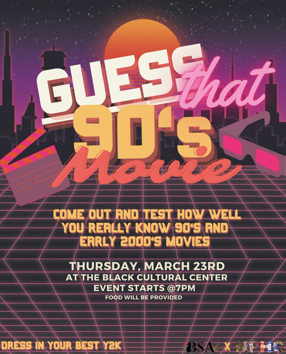 We hope you guys enjoyed your spring break. 🌴🌊We teamed up with NPHC to continue the fun with a Guess that 90s movie game night 🎬Let’s see how well you really know 90s to early 2000s movies! Dress in your best Y2K. 👀