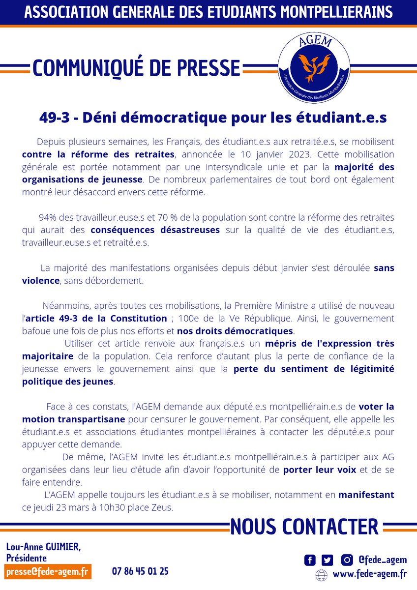 ❌En utilisant le 49-3 le gouvernement s'obstine à mener une réforme contre l'avis d'une immense majorité de Français.e.s. 

Cet affront à la démocratie doit nous préoccuper collectivement.

Notre communiqué ci-dessous 📢

#reformedesretraites #MotionDeCensureTransPartisane