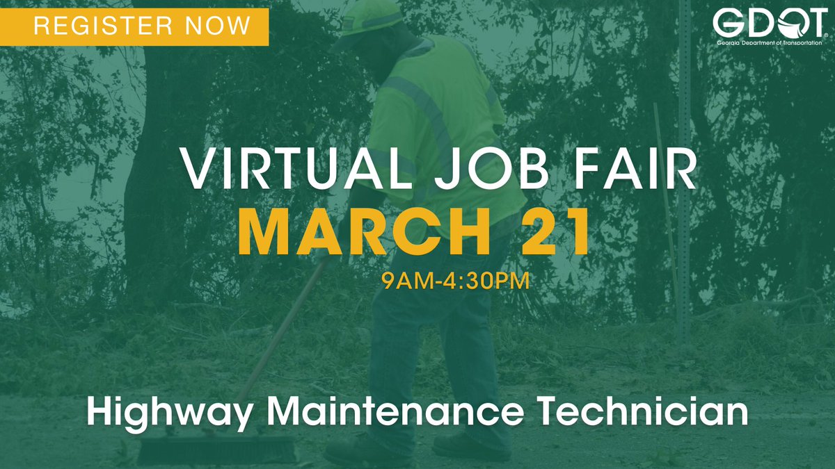 ⏰Today is the day! GDOT is partnering with Indeed.com to host a virtual job fair today (3/21) for Highway Maintenance Technicians.
✔️Multiple positions are available.
📲Register now to schedule an online interview:
indeedhi.re/3TfZ4I4  #experiencegdot