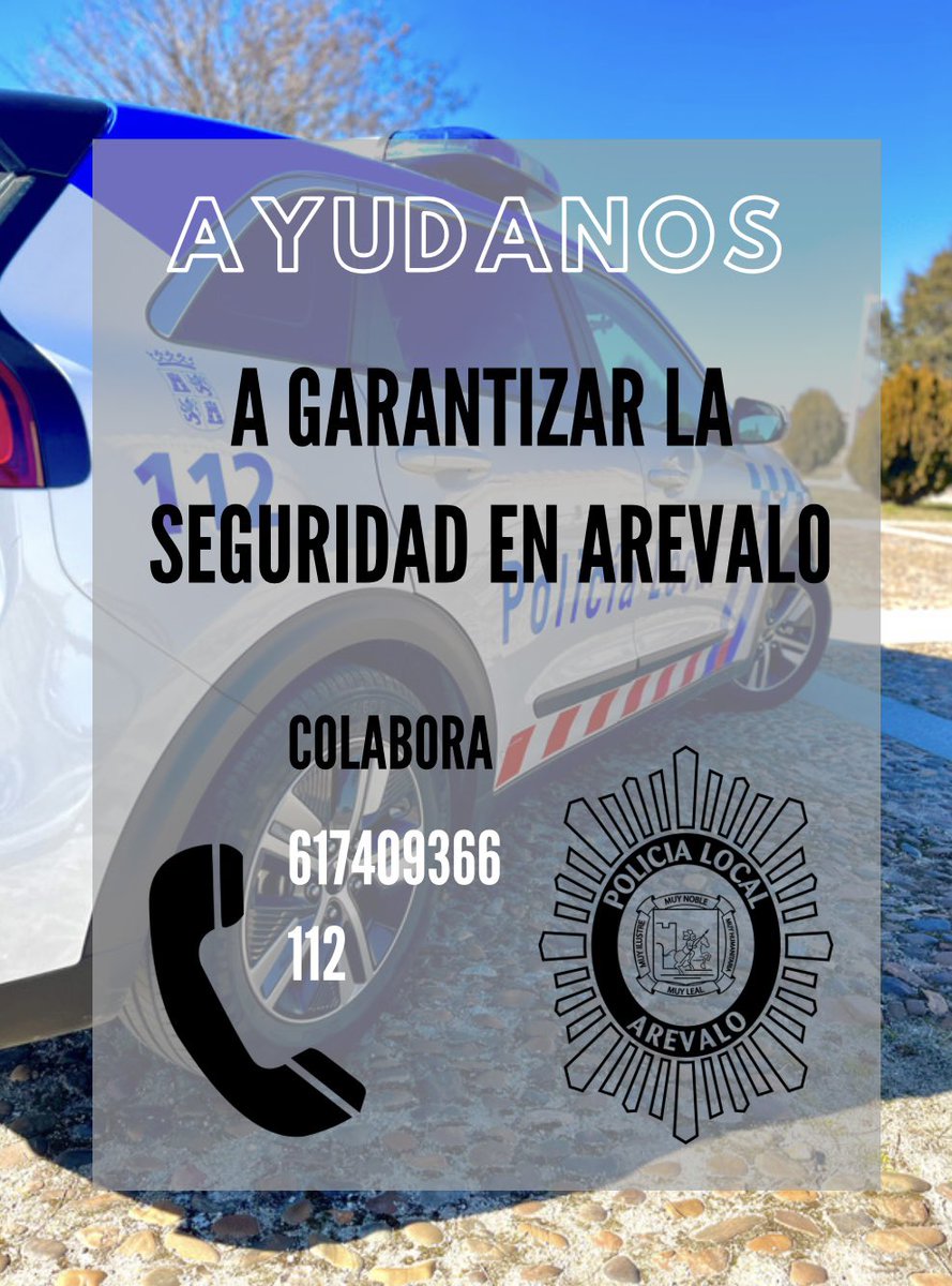 Colabora 📞617409366/112 🚔👮🏼‍♀️.

#112plarevalo #arevalo #avila #castillayleon #policiamunicipal #policialocal #tupolicia #estamosporti #police #policia #seguridad #cops #agentes #prevencion #spanishpolice #seguridadciudadana #instapolice #112 #proteger #ayudar.