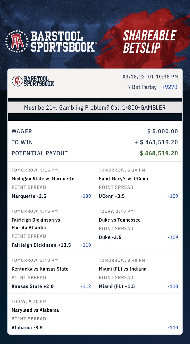 Here it is.  My Davey Big Bomb Parlay #BarstoolSportsbook. (You can just click on it to add the ticket) barstoolsportsbook.com/bets?_p=WqKorW…