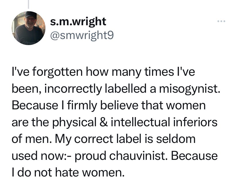 ‘Women are inferior to men’, according to ageing meat-head Mr Wright (aren’t they always) Doesn’t hate women he says, but his timeline says different - full of hate 
#GetTaeFeck 
#WomenWontWeesht #CasualMisogyny #CasualRacism
#everydaysexism
