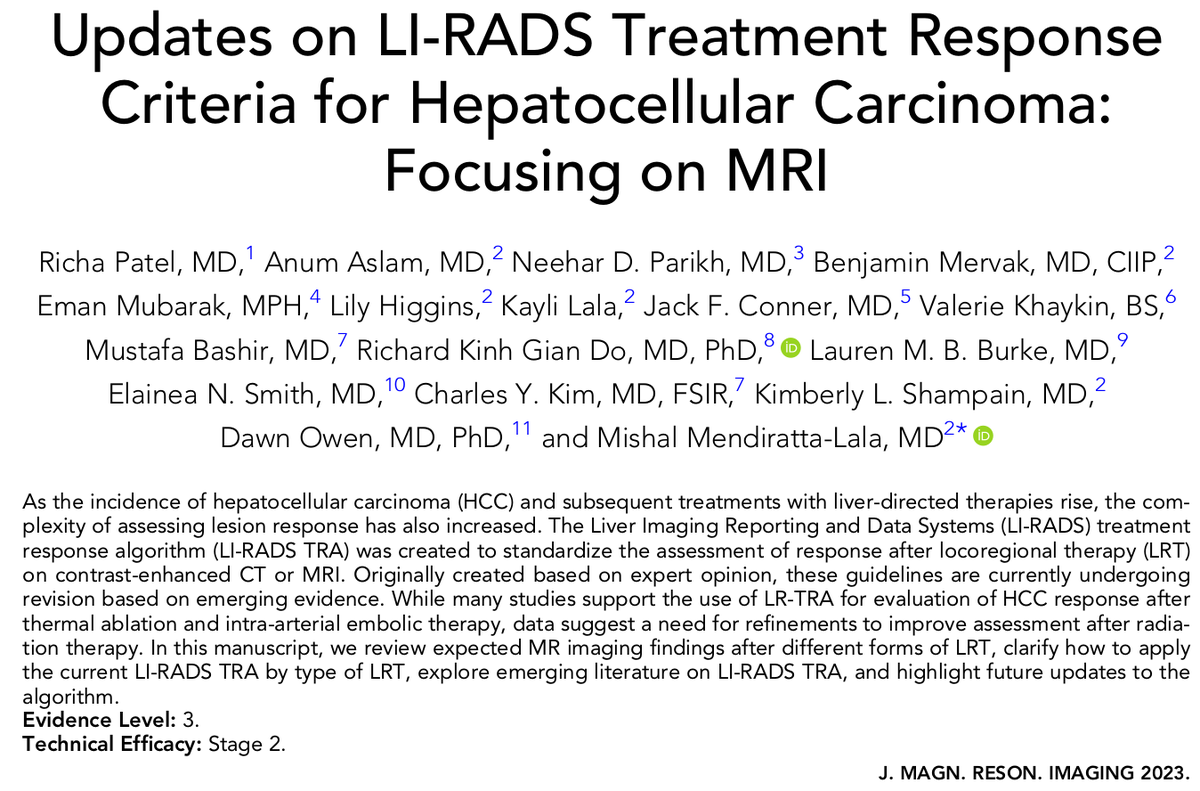 Recently published! This @jmri_ismrm article highlights Updates on LI-RADS Treatment Response Criteria for HCC: Focusing on MRI. doi.org/10.1002/jmri.2…