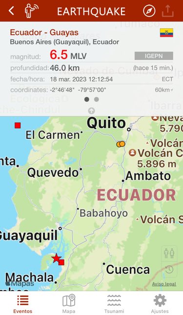 hace 16 min. #terremoto 6.5 en Buenos Aires (Guayaquil), Ecuador, 7,5 Mag 46.0km, 12:12 ECT (IGEPN) earthquake.app/m/?e_id=igepn.…