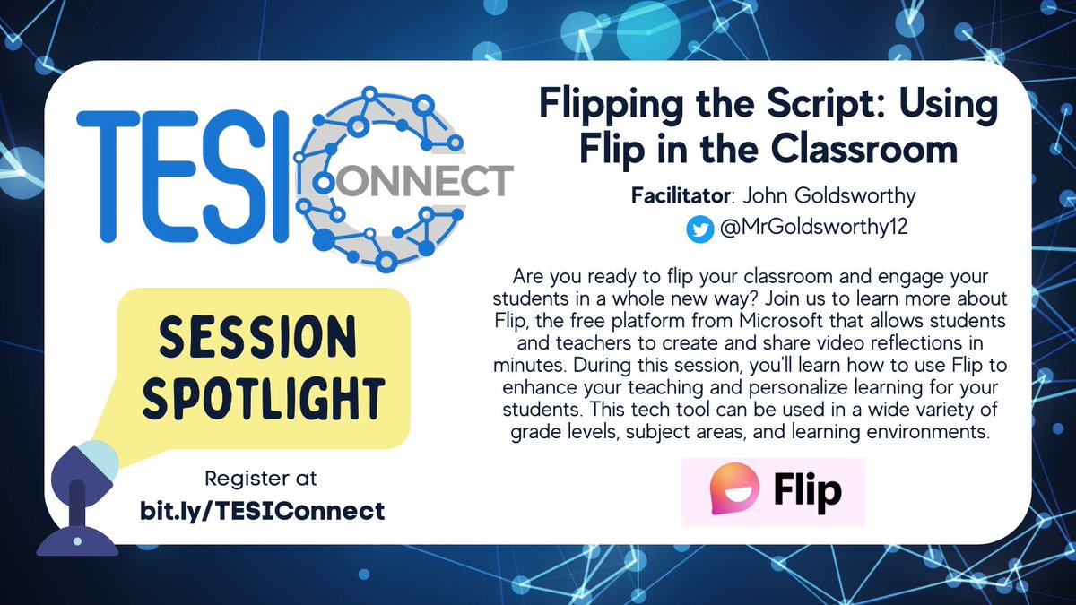 nltatesic's tweet photo. Have you registered for #TesiConnect yet? Early Bird Deadline is March 22! Register at https://t.co/k6qaXydUoT by then to win a prize! Check out this SESSION SPOTLIGHT for @NLESDCA 's @MrGoldsworthy12's session about the versatile tool @MicrosoftFlip! https://t.co/Ls3OYl6ukm