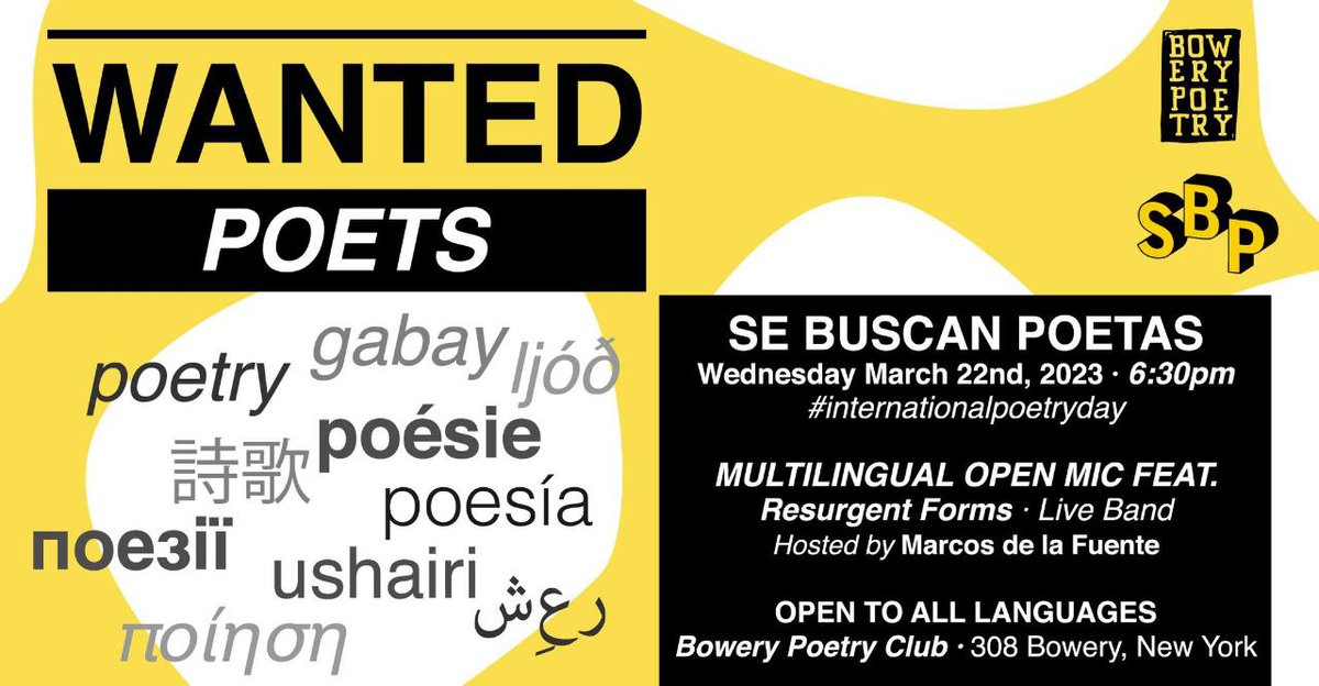 Resurgent Forms (@resurgentforms) on Twitter photo This coming Wednesday 22nd March 2023 at 6:30pm we will play as guests of <a href="/bowerypoetry/">Bowery Poetry Club</a> in NYC as guests of Se Buscan Poetas. Thank you to <a href="/poetryfighter/">Marcos de la Fuente</a> for this charming opportunity! Poster 👇👇👇 This coming Wednesday 22nd March 2023 at 6:30pm we will play as guests of <a href="/bowerypoetry/">Bowery Poetry Club</a> in NYC as guests of Se Buscan Poetas. Thank you to <a href="/poetryfighter/">Marcos de la Fuente</a> for this charming opportunity! Poster 👇👇👇