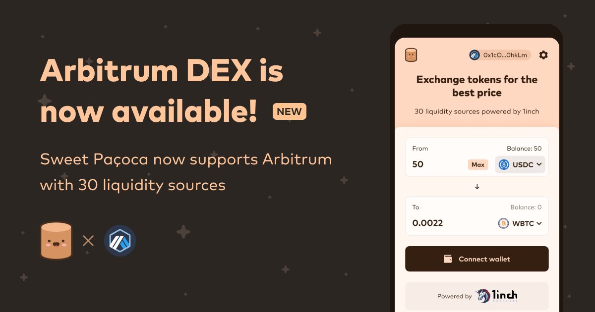 pacoca_io's tweet photo. 📣 Calling all Paçoca Lovers

🔵 Arbitrum DEX is now available!

ℹ️ Users can now make trades using Paçoca's exchange on Arbitrum, receiving the best deals and rates across all markets!

➡️ https://t.co/ouIQEMUnKn https://t.co/mX131QEsR1