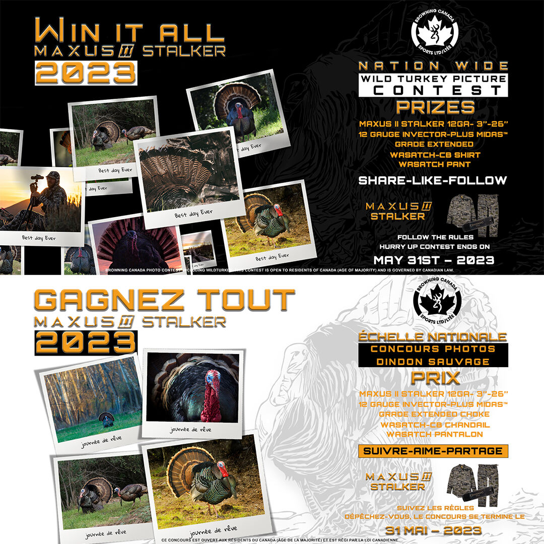 BrowningCanada's tweet photo. 🍁Browning Canada🍁 is happy to share this Nationwide Wild Turkey Picture Contest 2023🦃 Goog Luck!
LINK: 👇
https://t.co/jHDcWI4xhx 
#PictureContest #photocompetition  #photocontest #wildturkeycontest  #PictureContest 
#hunting #huntinglife #huntingseason #huntingpictures https://t.co/fxqPFKxPHw
