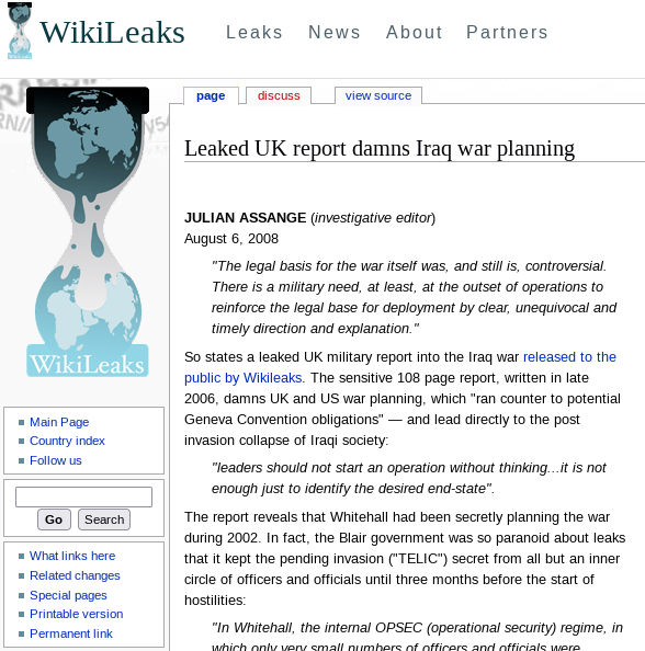 wikileaks's tweet photo. 'Leaked UK report damns Iraq war planning | Julian Assange [2008] 

'Report written in late 2006, damns UK and US war planning which "ran counter to potential Geneva Convention obligations" and lead directly to the post invasion collapse of Iraqi society'
https://t.co/N7tYUkIewU https://t.co/AHNV3f4qRv