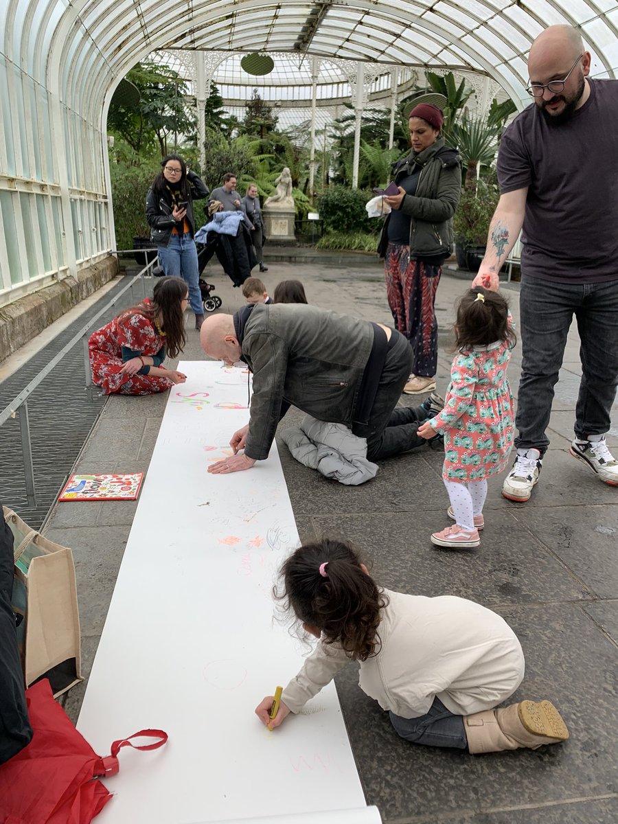 tamdeanburn's tweet photo. So great to have @mistressofline at the #KeepKibbleFree occupation this morning. Kids had a great time drawing on her #EverybodysKibblePalace crayon rollout as you see. Back #MothersDay 10-12noon to sing &amp; play our campaign song for Ol Mother Kibble. Come join us @GlasgowBotanic https://t.co/Ryn5RAqNkZ
