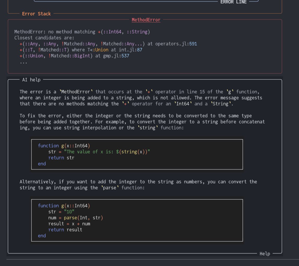 Federico_claudi's tweet photo. New @JuliaLanguage  package idea, inspired by ReplGPT.jl - automatic, useful help messages using GPT-3: https://t.co/AsRzX9WLA9