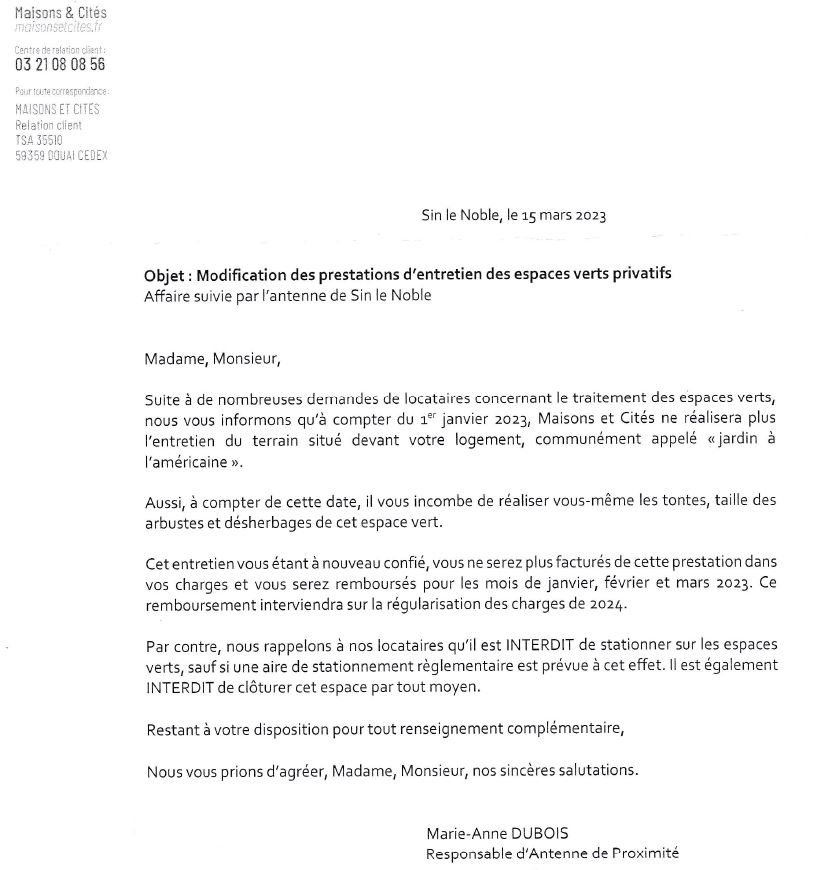 EnsembleVie's tweet photo. Modification des prestations d'entretien des espace verts privatifs ( Affaire suivie par l'antenne de Sin le noble ) https://t.co/BLoSQtPD7x